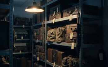 Metallregale in einem dämmrigen Lagerraum voller alter Koffer, Taschen und Schirme mit leeren Anhängern