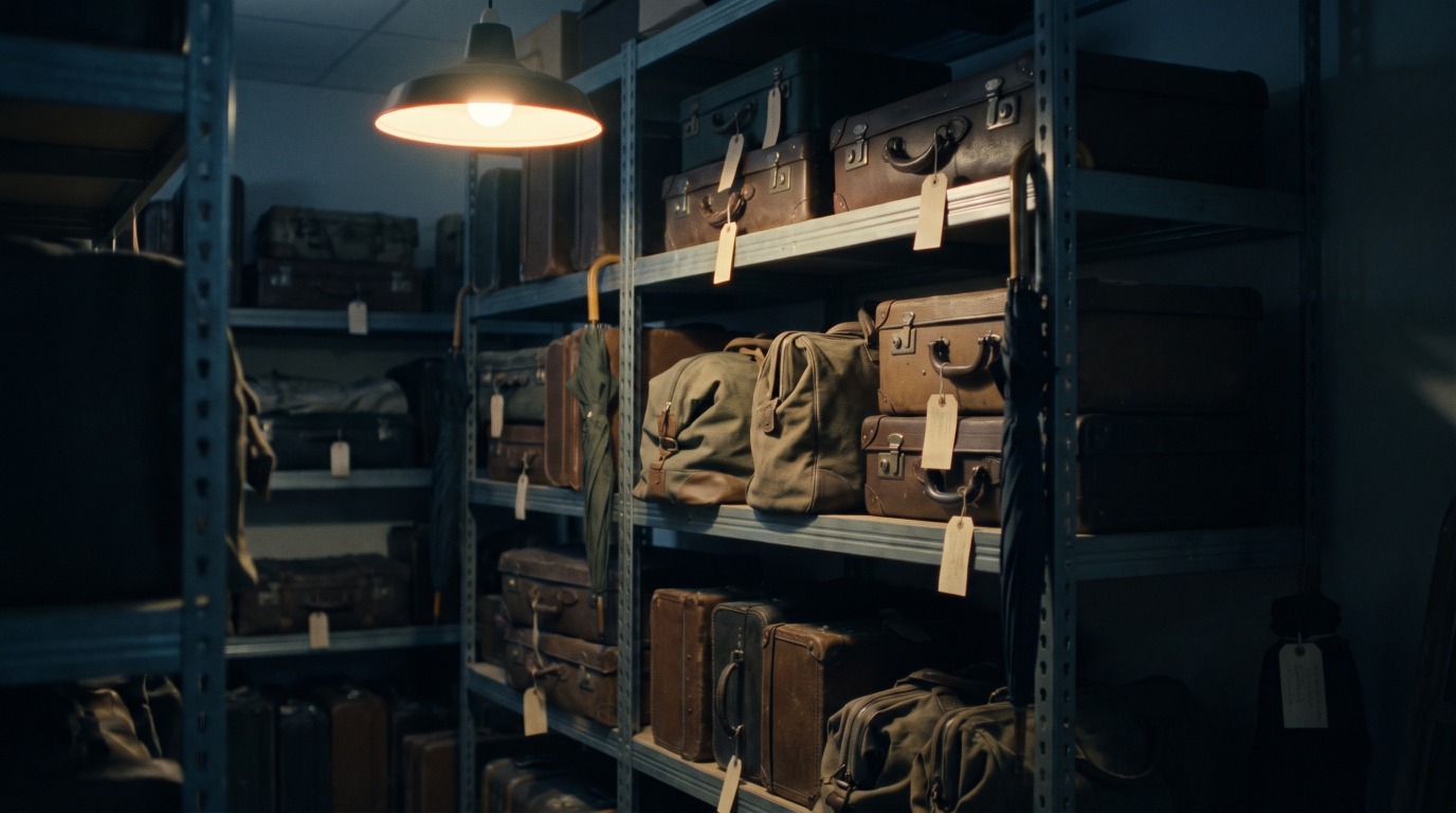 Metallregale in einem dämmrigen Lagerraum voller alter Koffer, Taschen und Schirme mit leeren Anhängern