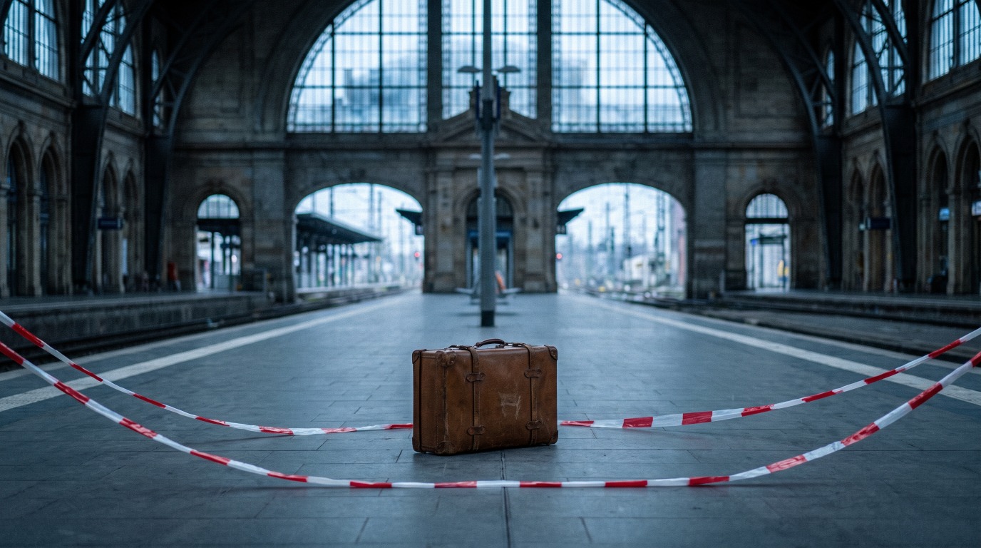 Ein einzelner Koffer steht allein in einer leeren Bahnhofshalle, ringsum rot-weißes Absperrband