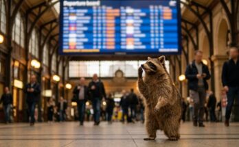 Ich verstehe nur Bahnhof: Waschbär schaut verwirrt auf eine unscharfe Anzeigetafel im Bahnhof