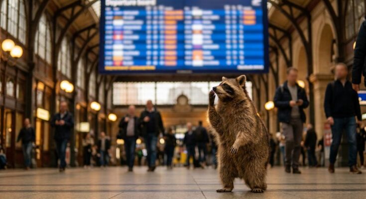 Ich verstehe nur Bahnhof: Waschbär schaut verwirrt auf eine unscharfe Anzeigetafel im Bahnhof
