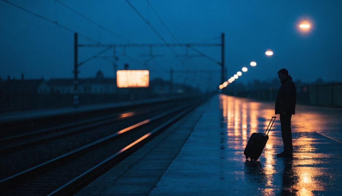 Ein einzelner Reisender mit Koffer wartet nachts auf einem regennassen, leeren Bahnsteig