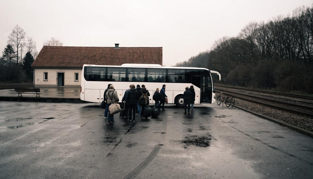 Reisende mit Gepaeck steigen vor einem kleinen Bahnhof in einen weissen Reisebus