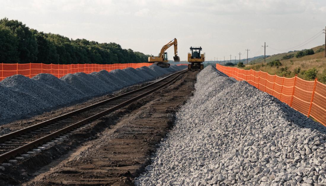 Aufgerissenes Gleisbett mit Baumaschinen und frischem Schotter waehrend einer Streckensanierung