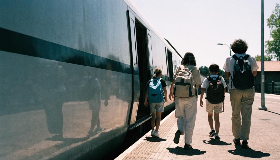 Zwei Erwachsene und zwei Kinder mit Rucks&auml;cken steigen an einem sonnigen Bahnsteig in einen Zug