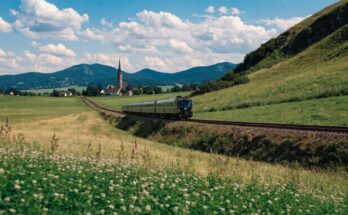 Ein Regionalzug faehrt durch gruene Wiesen, im Hintergrund ein Dorf und die Alpen
