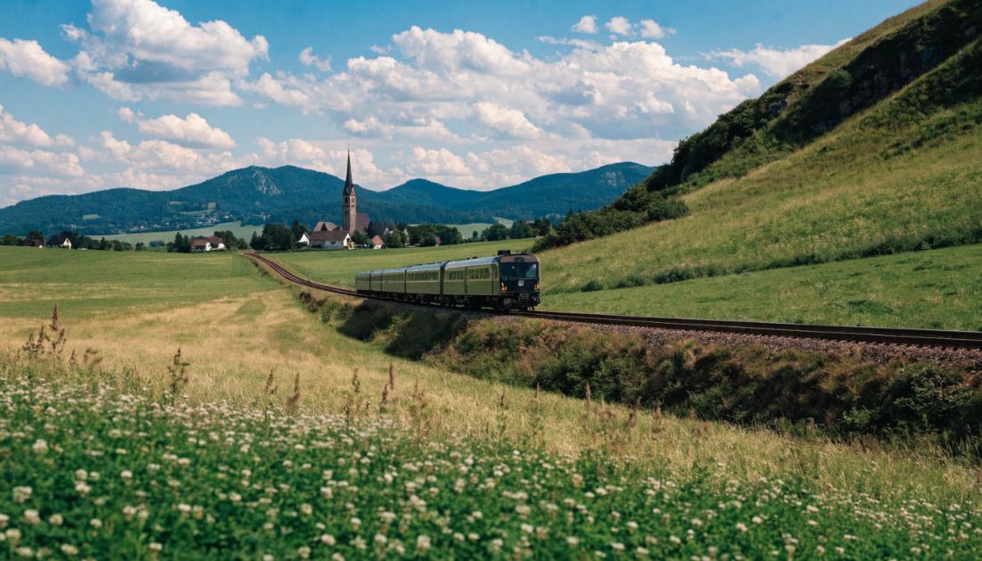 Ein Regionalzug f&auml;hrt durch gr&uuml;ne Wiesen, im Hintergrund ein Dorf und die Alpen