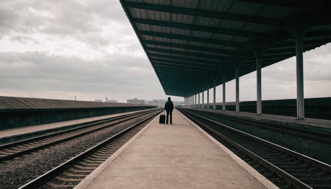 Ein Reisender mit Koffer steht allein auf einem leeren Umsteigebahnsteig