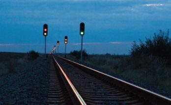 Mehrere Lichtsignale stehen in regelmaessigen Abstaenden entlang einer Bahnstrecke