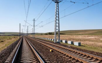 Moderne Bahnstrecke ohne Signale mit gelber Balise zwischen den Schwellen