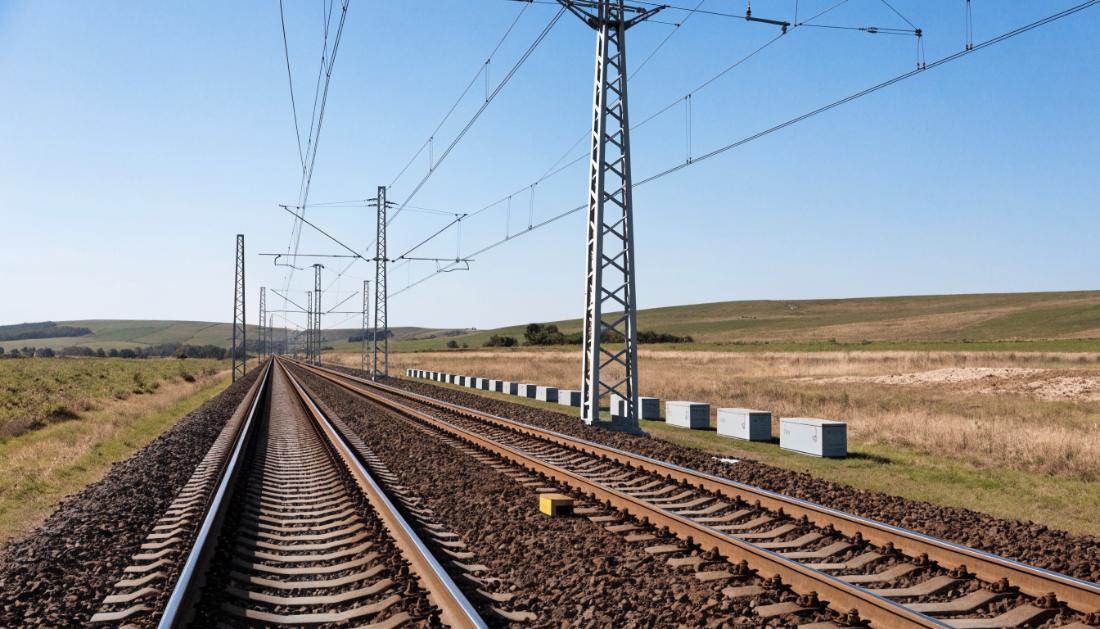 Moderne Bahnstrecke ohne Signale mit gelber Balise zwischen den Schwellen