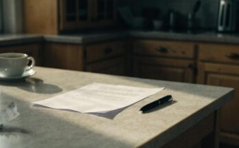 Ein leeres Formular und ein Stift liegen im Morgenlicht auf einem Kuechentisch