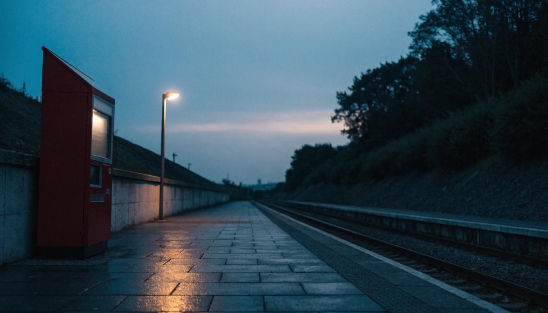 Ein roter Fahrkartenautomat steht in der D&auml;mmerung allein auf einem kleinen Bahnsteig