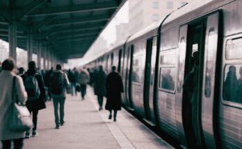 Pendler steigen morgens an einem Stadtbahnsteig in einen Zug