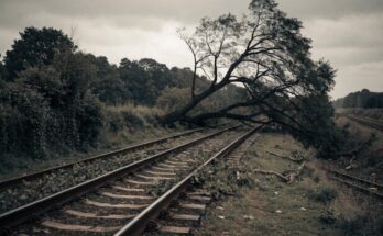 Ein grosser umgestuerzter Baum liegt quer ueber einer Bahnstrecke
