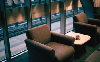Sessel und niedriger Tisch in einer Lounge mit Fenstern zu den Bahnsteigen