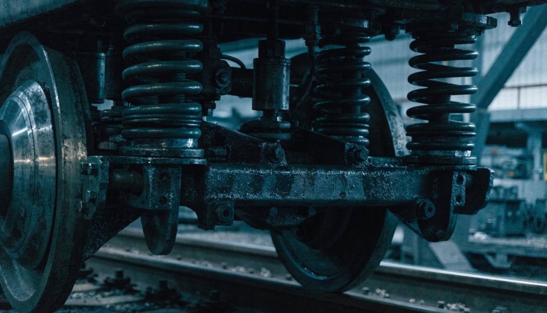 Radsatz, Federn und D&auml;mpfer eines Drehgestells unter einem Eisenbahnwagen