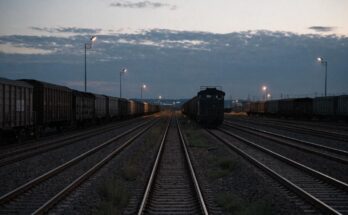 Viele parallele Gleise mit Gueterwagen und einer Rangierlok bei Flutlicht