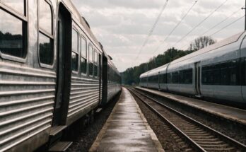 Zwei unterschiedliche Regionalzuege stehen an benachbarten Bahnsteigen