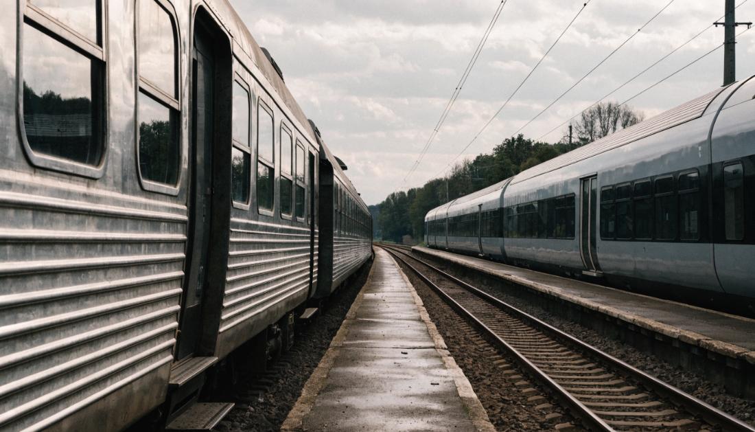Zwei unterschiedliche Regionalz&uuml;ge stehen an benachbarten Bahnsteigen