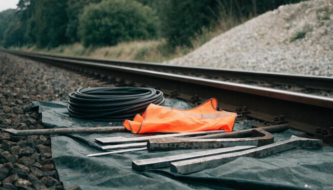 Werkzeug und Material einer Gleisbaustelle liegen neben dem Schotterbett