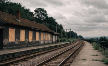 Ein altes Bahnhofsgebaeude mit vernagelten Fenstern neben einem befahrenen Gleis