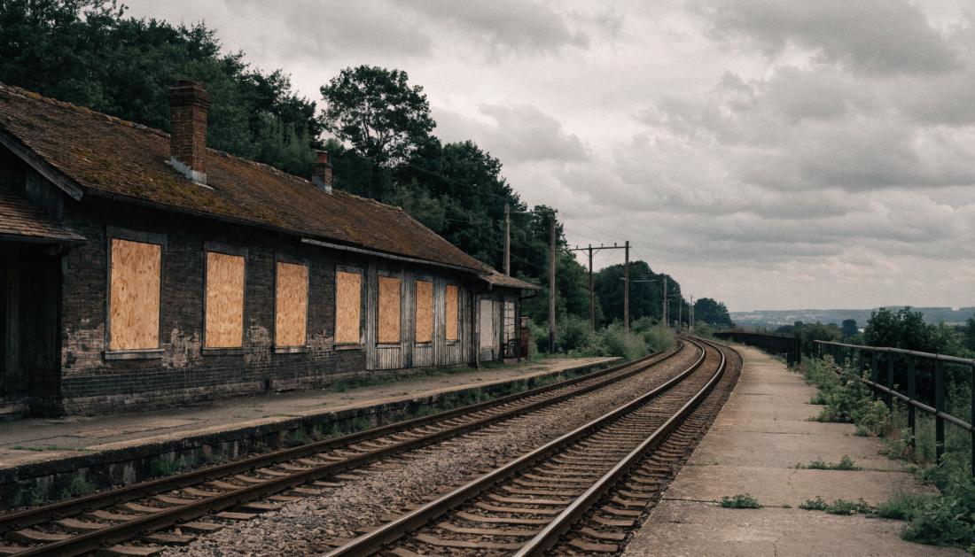 Ein altes Bahnhofsgeb&auml;ude mit vernagelten Fenstern neben einem befahrenen Gleis