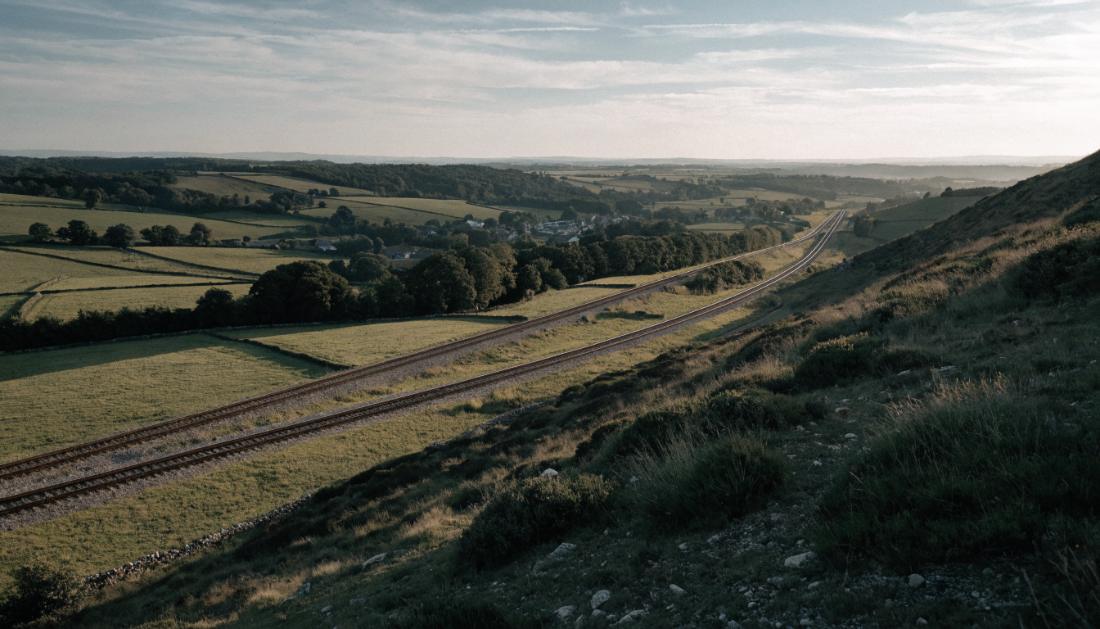 Eine Bahnstrecke zieht sich durch eine weite Landschaft bis zum Horizont