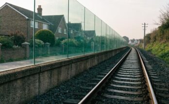 Eine hohe transparente Schallschutzwand trennt die Bahnstrecke von Wohnhaeusern