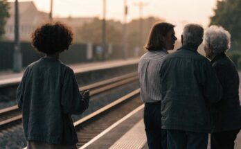 Mehrere Reisende stehen von hinten gesehen am Bahnsteig und unterhalten sich