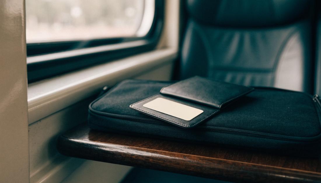 Eine Kartenhuelle mit einer leeren Kundenkarte liegt auf einer Laptoptasche im Zug