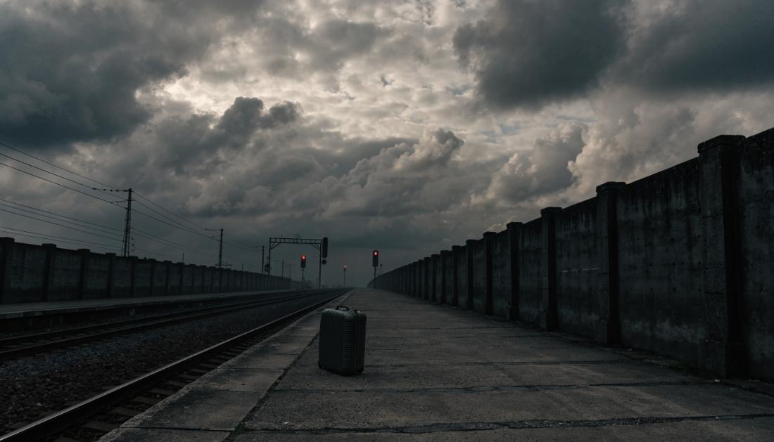 Ein einzelner verlassener Koffer steht auf einem leeren Bahnsteig, im Hintergrund rote Warnlichter