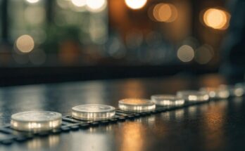 Ein kleiner Stapel leuchtender Muenzen ist wie ein Gleis auf einem dunklen Tisch angeordnet
