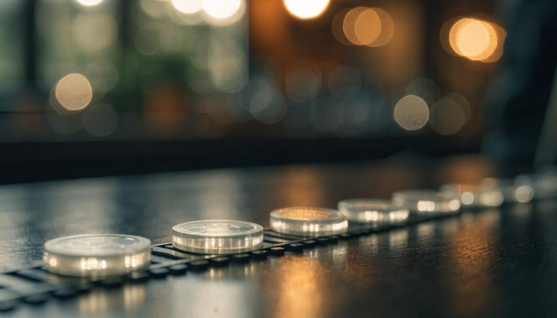 Ein kleiner Stapel leuchtender Muenzen ist wie ein Gleis auf einem dunklen Tisch angeordnet