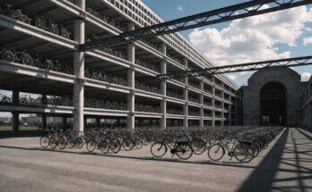 Ein mehrstoeckiges Fahrradparkhaus am Bahnhof mit hunderten geparkten Fahrraedern