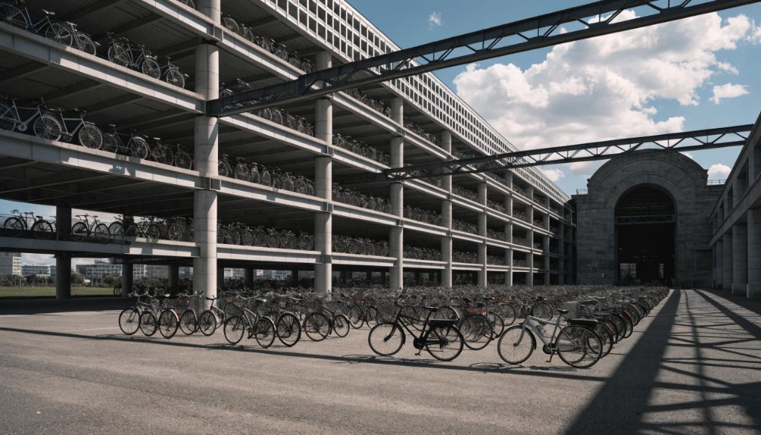 Ein mehrstoeckiges Fahrradparkhaus am Bahnhof mit hunderten geparkten Fahrraedern