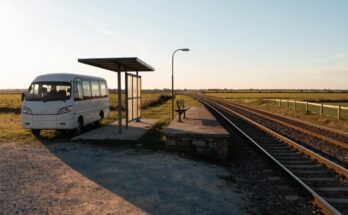 Ein kleiner weisser Kleinbus wartet an einer Haltestelle neben einem kleinen Landbahnhof