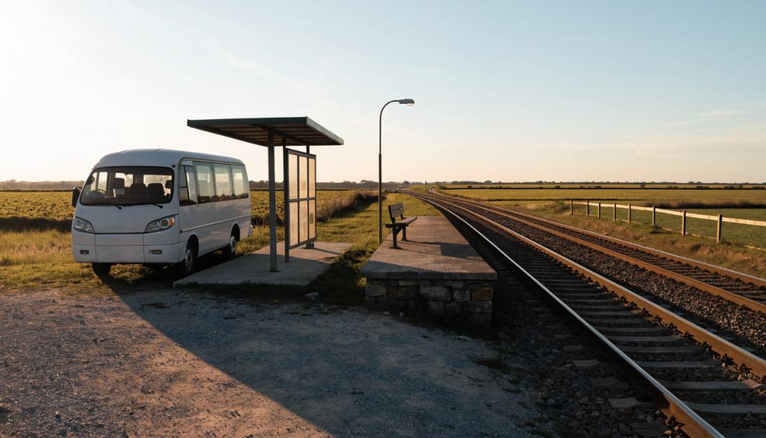 Ein kleiner weisser Kleinbus wartet an einer Haltestelle neben einem kleinen Landbahnhof