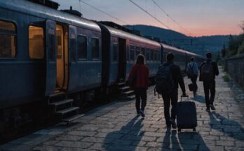 Ein Zug steht mit offenen Tueren an einem kleinen unbekannten Bahnsteig in der Daemmerung