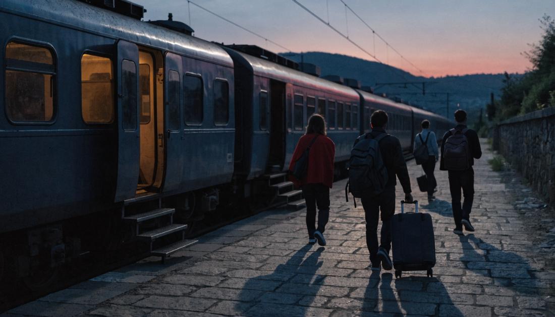 Ein Zug steht mit offenen Tueren an einem kleinen unbekannten Bahnsteig in der Daemmerung