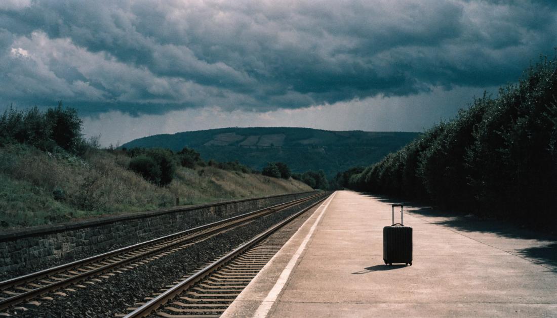 Ein einzelner Koffer steht verlassen auf einem leeren Bahnsteig unter stuermischem Himmel