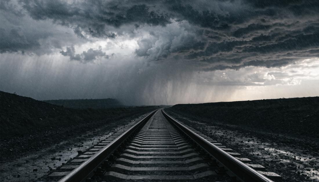Ein Bahngleis verschwindet in dichten Sturmwolken und Regen