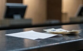 Ein leerer Papiergutschein und ein kleiner Stapel Geldscheine liegen an einem Fahrkartenschalter
