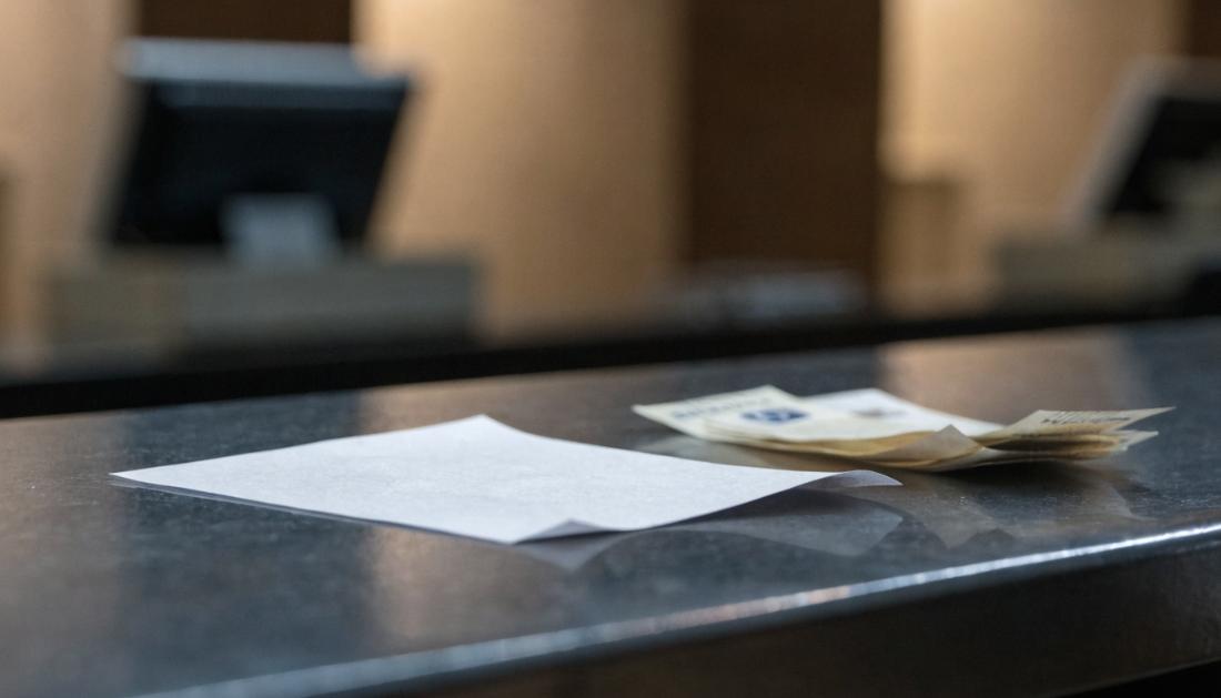 Ein leerer Papiergutschein und ein kleiner Stapel Geldscheine liegen an einem Fahrkartenschalter