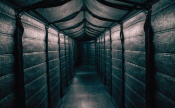 Das Innere eines flexiblen Faltenbalg-Wagenuebergangs zwischen zwei Zugwagen
