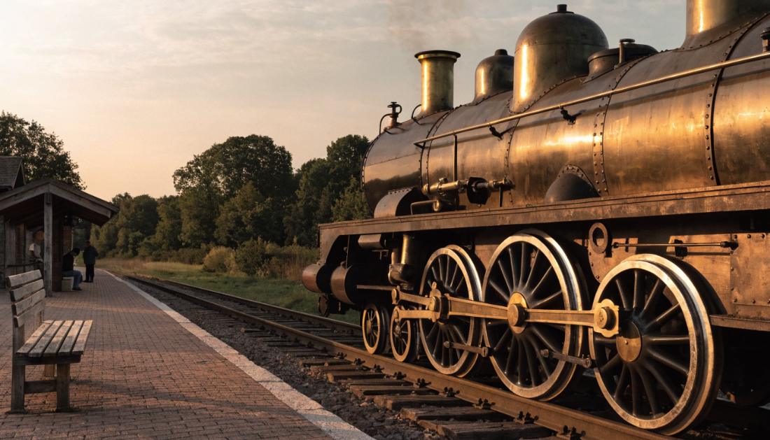 Eine liebevoll restaurierte Dampflokomotive steht an einem kleinen Museumsbahnhof