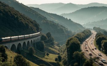 Ein Zug ueberquert ein gruenes Tal neben einer Autobahn mit unscharfen Autos