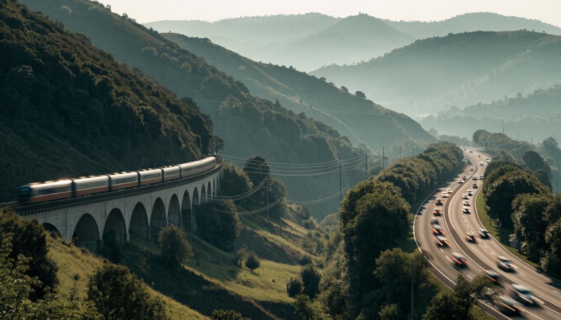 Ein Zug ueberquert ein gruenes Tal neben einer Autobahn mit unscharfen Autos