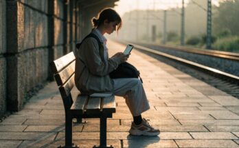 Ein Reisender schaut auf einem ruhigen Bahnsteig im Morgenlicht auf sein Smartphone