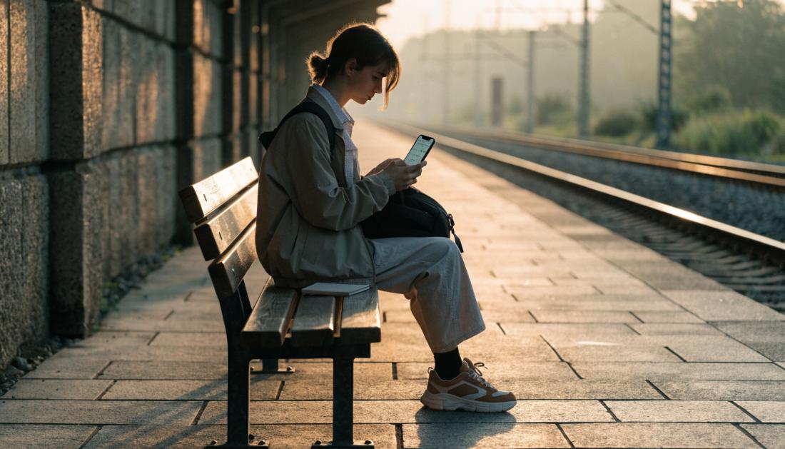 Ein Reisender schaut auf einem ruhigen Bahnsteig im Morgenlicht auf sein Smartphone